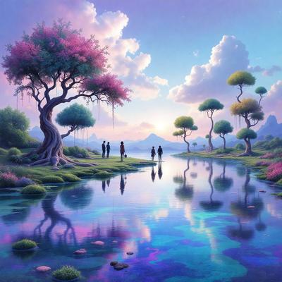 The primary subject of the image is a group of people standing near a body of water, possibly a lake or a river. They are surrounded by a serene and picturesque environment, with trees and mountains in the background. The visual style of the image is digital art, which adds a sense of depth and realism to the scene. The colors and mood of the image are predominantly blue and purple, creating a calm and peaceful atmosphere.